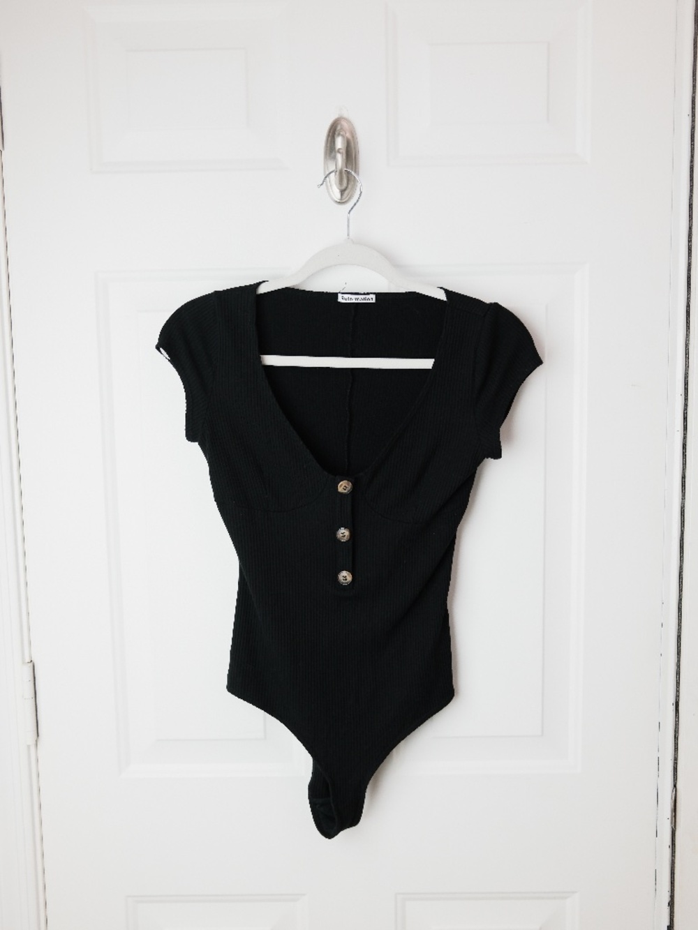 Reformation Bodysuit Womens Size Small Black Ribbed Button Front Stretch Top
